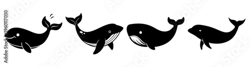 Five black and white orca killer whales jumping in sync over ocean waves minimalist vector illustration