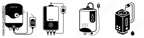 Modern electric water heater system with tankless and storage tank units vector illustration isolated on white background