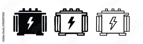 Electrical Transformer or Power Unit Icon Set with Lightning Bolt Symbol