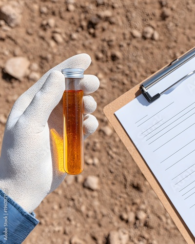 Engineer collects soil sample in a test tube for analysis in the field