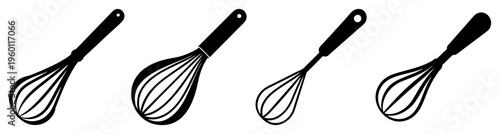 Set of four black kitchen whisks isolated on white background for cooking baking and culinary preparation tools