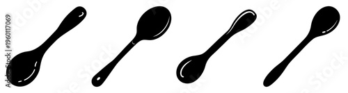 Set of five minimalist black wooden spoons isolated on white background for kitchen cooking utensils design