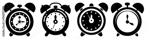 Set of four black and white alarm clocks isolated on white background minimalist time management concept vector illustration