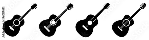 Set of five black acoustic guitars isolated on white background, musical instruments collection, vector illustration, flat design