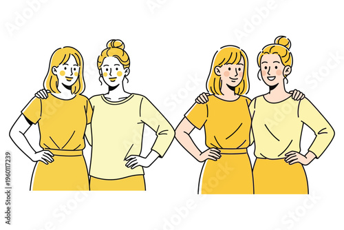 Two pairs of women in yellow outfits standing side by side with hands on hips