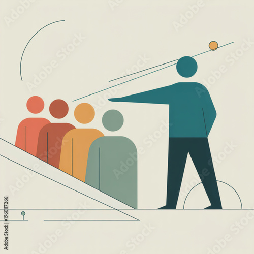 A vector graphic illustration of a person leading a group of people up a slope with a ball in motion