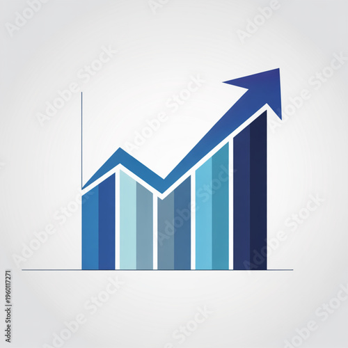 A blue bar graph with an upward trend arrow on a white background