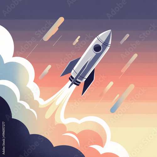 A rocket ship blasting off into the sky with clouds and a colorful sunset in the background