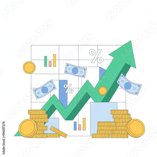 A vector graphic illustration of a growing financial chart with coins and money