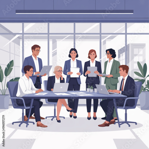 A diverse group of business professionals collaborating in a modern office setting with laptops and documents