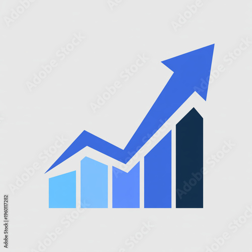 A blue bar graph with an upward trend and a large arrow pointing upwards, symbolizing growth and success in business and finance.