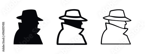 Detective Profile Icon Set - Spy Agent Silhouette and Outline Symbols