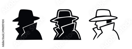Detective and Spy Icons - Mysterious Figure Silhouette in Trench Coat and Fedora Hat