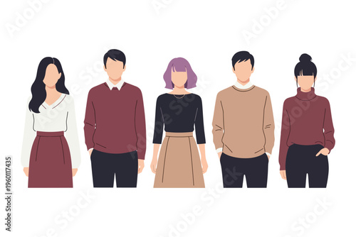 Illustration of five diverse people standing in a row with faceless minimalist style