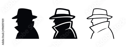 Detective and Spy Icons - Mysterious Figure Silhouette in Trench Coat and Fedora Hat