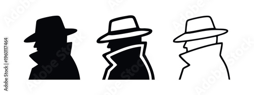 Detective and Spy Icons - Mysterious Figure Silhouette in Trench Coat and Fedora Hat