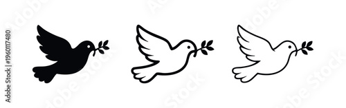 Dove with Olive Branch Icons - Peace and Hope Symbols for Harmony and Spirituality