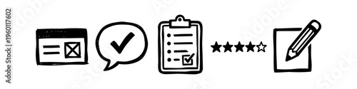 Hand-drawn minimalist icons for feedback, survey, and customer ratings. A collection of black ink doodle sketches on white background, perfect for business marketing, web design, and UI/UX projects.