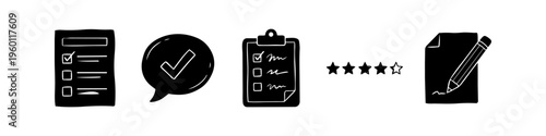 Set of hand-drawn feedback and assessment icons featuring checklist, clipboard, speech bubble with checkmark, star rating, and document signing. Minimalist black and white doodle style.