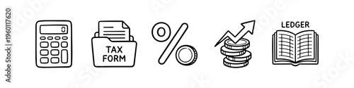 Set of hand-drawn doodle icons for finance and accounting, featuring a calculator, tax form folder, percentage sign, coin stack with growth arrow, and an open ledger book.