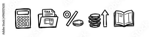 Hand-drawn financial and tax icon set featuring a calculator, tax folder, percentage, growing coin stack, and open book in a doodle sketch style for business and accounting concepts.