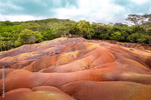 Chamarel Seven Colored Earths in Mauritius, featuring vibrant dunes of natural multicolored sand, a famous geological attraction