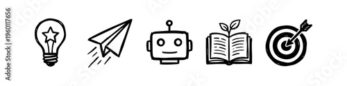 Set of black hand-drawn doodle icons including a light bulb, paper plane, robot, book with sprout, and target. Ideal for business, education, startup, and technology concepts.