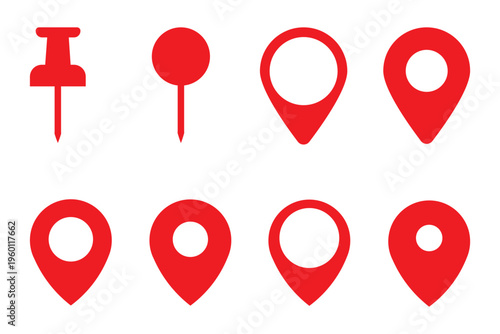 Collection of red map pin icons and location markers. Place address navigation locator sign vector. destination icon.