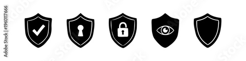 Set of five black security shield icons on a white background, featuring a checkmark, keyhole, padlock, and eye. Ideal for cyber security, data protection, and safety concept designs.