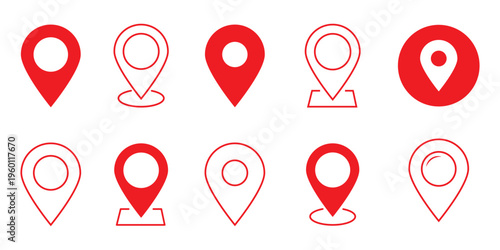 Collection of red map pin icons and location markers. Place address navigation locator sign vector. destination icon.