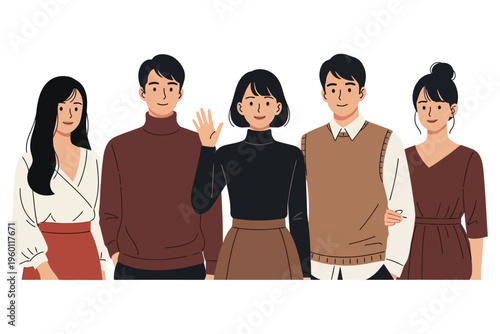 Five young adults standing together in a line with varying expressions and poses