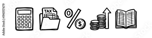 Set of hand-drawn finance icons including a calculator, tax folder, percentage sign, coin stacks with growth arrow, and a ledger. Doodle style business banner for accounting and financial concepts.