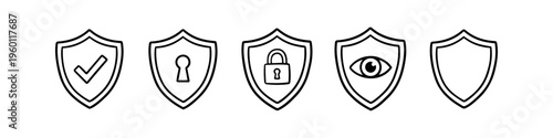 Set of five black and white linear security shield icons featuring a checkmark, keyhole, padlock, and eye symbol. Ideal for web design, cybersecurity, and safety concepts.