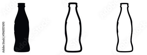 Soda bottle icon set with black silhouette and outline versions