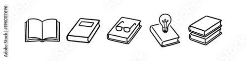 A set of five hand-drawn book icons in black and white line art, featuring open books, stacks, glasses, and a lightbulb for educational, academic, and creative themes.