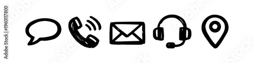 Hand-drawn black ink contact icons set for web and business. Includes speech bubble, telephone, envelope, headset, and location pin symbols in a minimal doodle style on a white background.