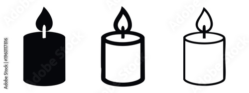 Burning candle icon set. Lit candle graphic elements for memorial, celebration, spa, or romantic ambiance designs.