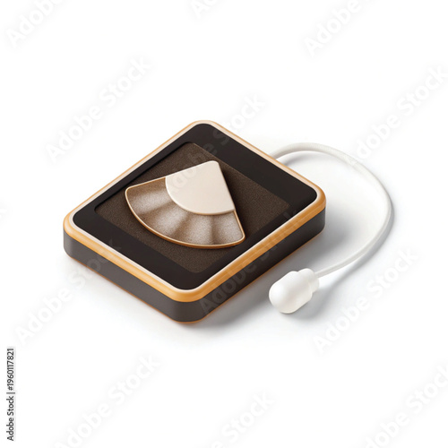 A small digital electronic device with a flat screen and an attached white charging cable plug