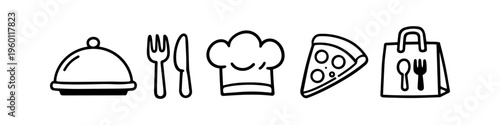 Set of hand-drawn food and restaurant icons featuring a cloche, cutlery, chef hat, pizza slice, and takeout bag. Minimalist black line art doodles for food service, delivery, and menu design.
