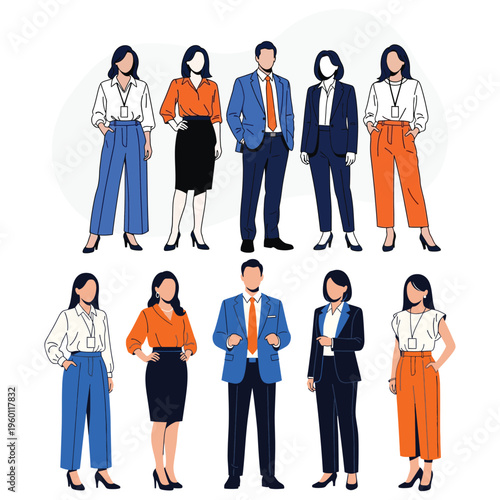 Eight business professionals in various outfits standing in two rows