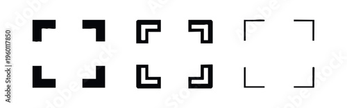 Graphic corner icon set. L-shape crop marks, framing, and design elements for UI/UX applications.
