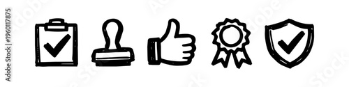 Hand-drawn icon set featuring approval, quality, and security symbols like a clipboard, stamp, thumbs up, award ribbon, and shield. Sketchy black line art on a white background.