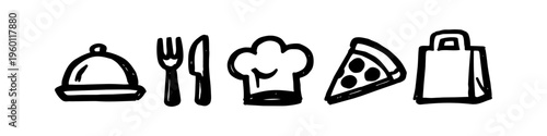 Hand-drawn black and white food icons set including a cloche, fork, knife, chef's hat, pizza slice, and takeout bag. Minimalist doodle style vector illustrations for restaurant branding and menus.