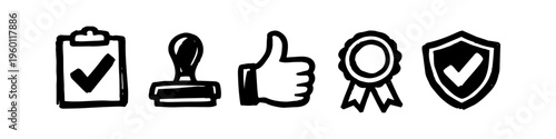 Set of hand-drawn business approval icons including clipboard, stamp, thumbs up, award ribbon, and security shield. Isolated vector doodle elements for trust, quality, and success.