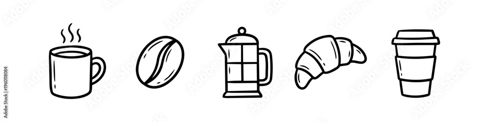Obraz premium Set of hand-drawn coffee-themed icons including a steaming mug, coffee bean, French press, croissant, and a takeaway cup. Ideal for cafe menus, bakery branding, and minimalist morning designs.