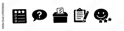 Hand-drawn survey and feedback icons set including checklist, question mark, ballot box, clipboard, and smiley rating. Ideal for customer service, reviews, and polls.