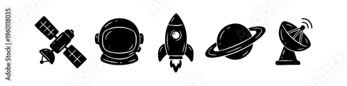 Minimalist black silhouette space icon set featuring a satellite, astronaut helmet, rocket ship, ringed planet, and radar dish. Perfect for astronomy and science technology themes.