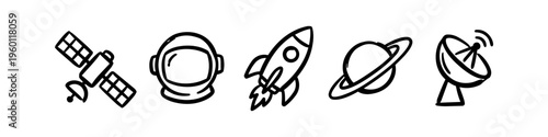 Set of hand-drawn space exploration icons featuring a satellite, astronaut helmet, rocket, planet, and radar dish. Minimalist black line art on a white background for creative designs.