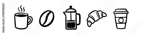 Set of hand-drawn coffee icons featuring a steaming mug, coffee bean, French press, croissant, and takeaway cup. Minimalist black and white line art for cafe menus, branding, and creative designs.