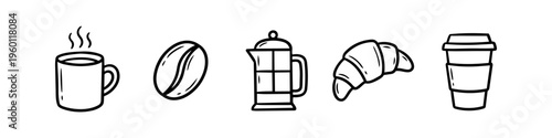 Set of hand-drawn coffee-themed icons including a steaming mug, coffee bean, French press, croissant, and a takeaway cup. Ideal for cafe menus, bakery branding, and minimalist morning designs.